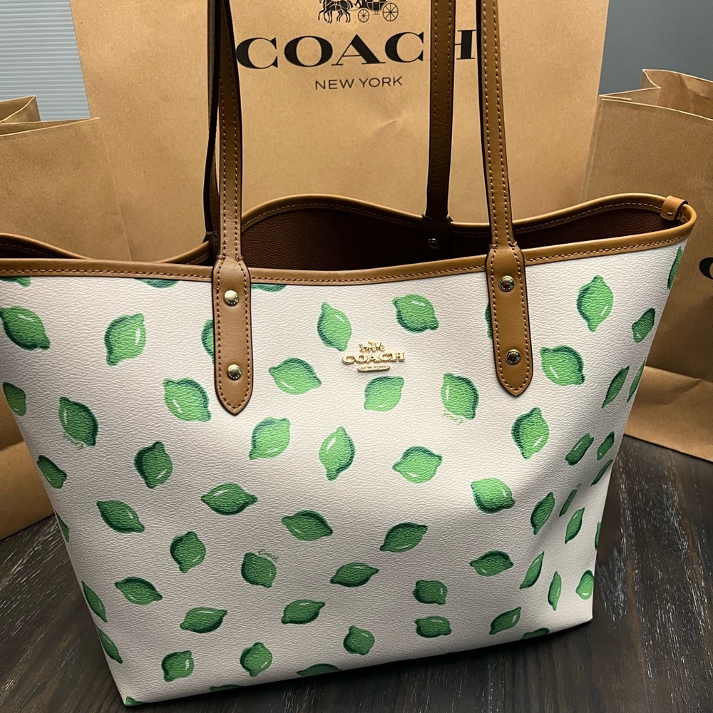 Coach Reversible City Tote Lime Print